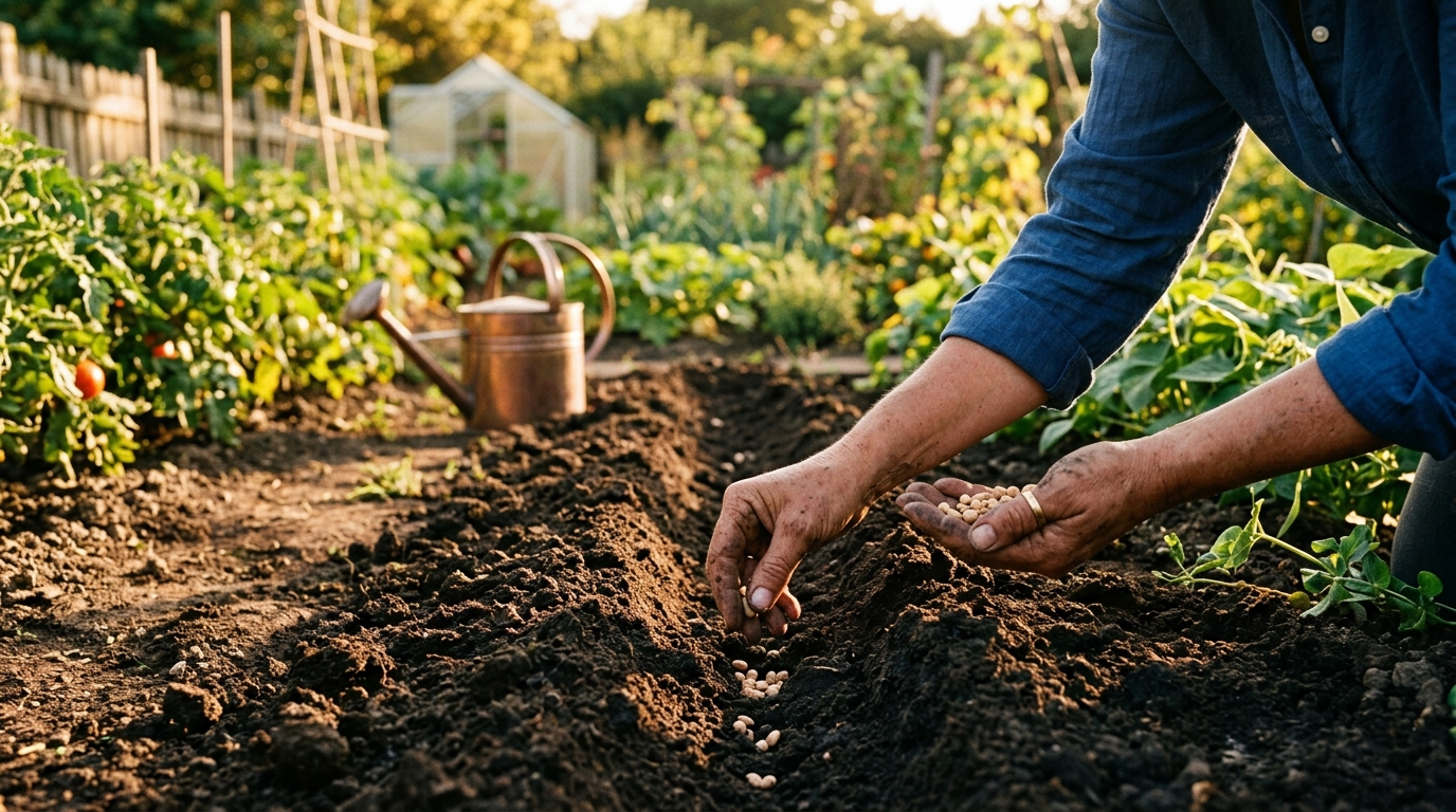 Mains semant des haricots verts dans un sillon de terre