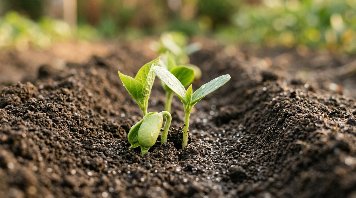 Jeunes pousses de haricots verts sortant de terre humide