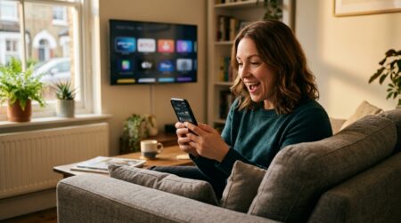 Femme vérifiant ses abonnements sur son téléphone à la maison