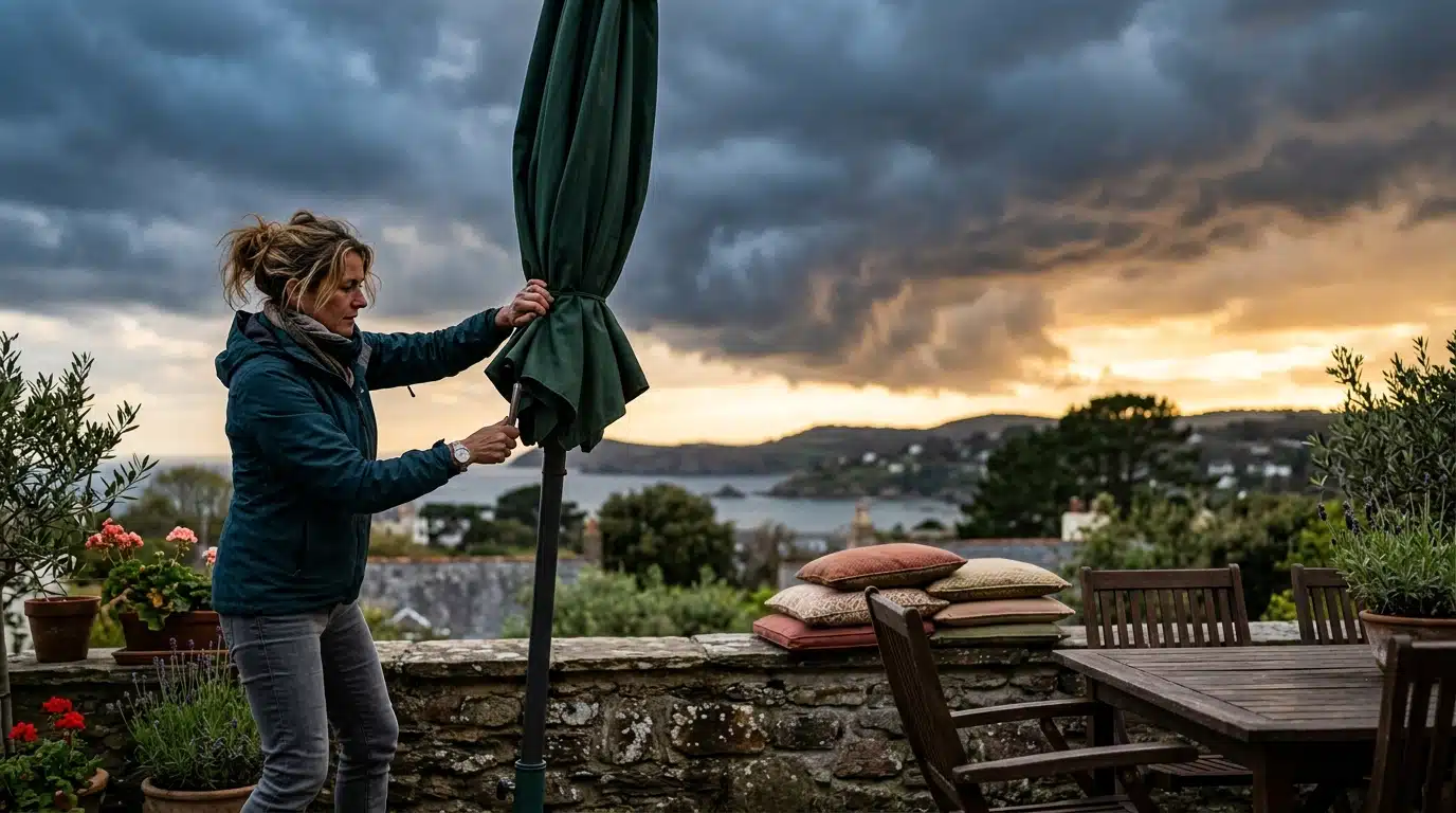 Femme range coussins et parasol avant l'orage