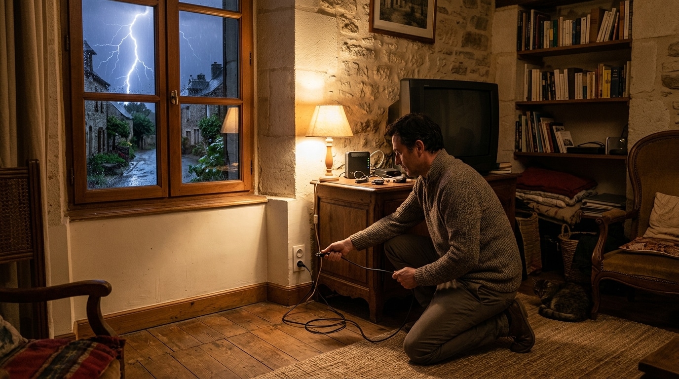 Homme débranche la télévision avant l'orage