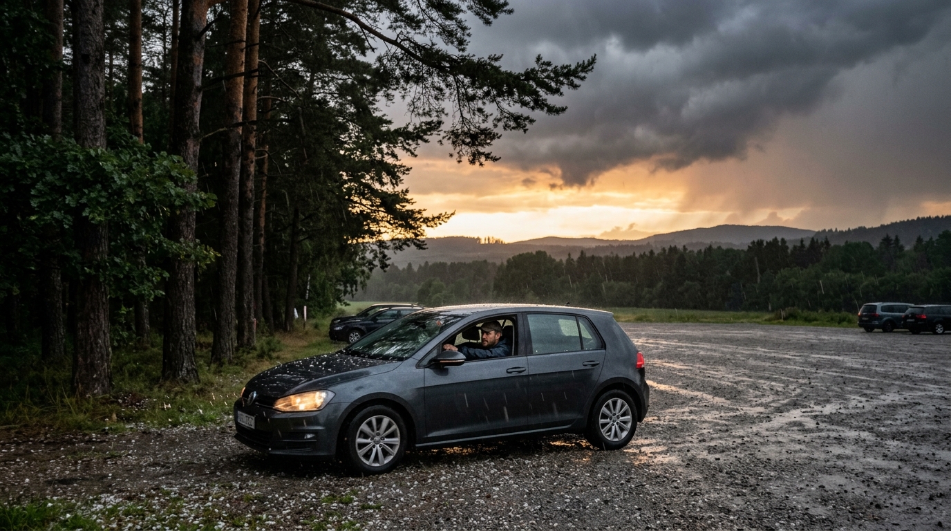 Homme déplace sa voiture loin des arbres avant la grêle