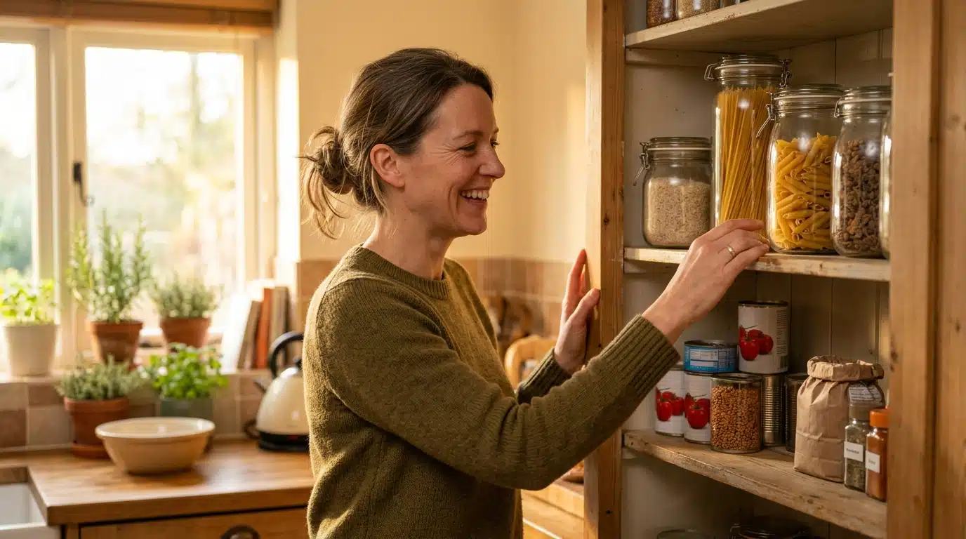 Femme souriante devant un placard de cuisine presque vide