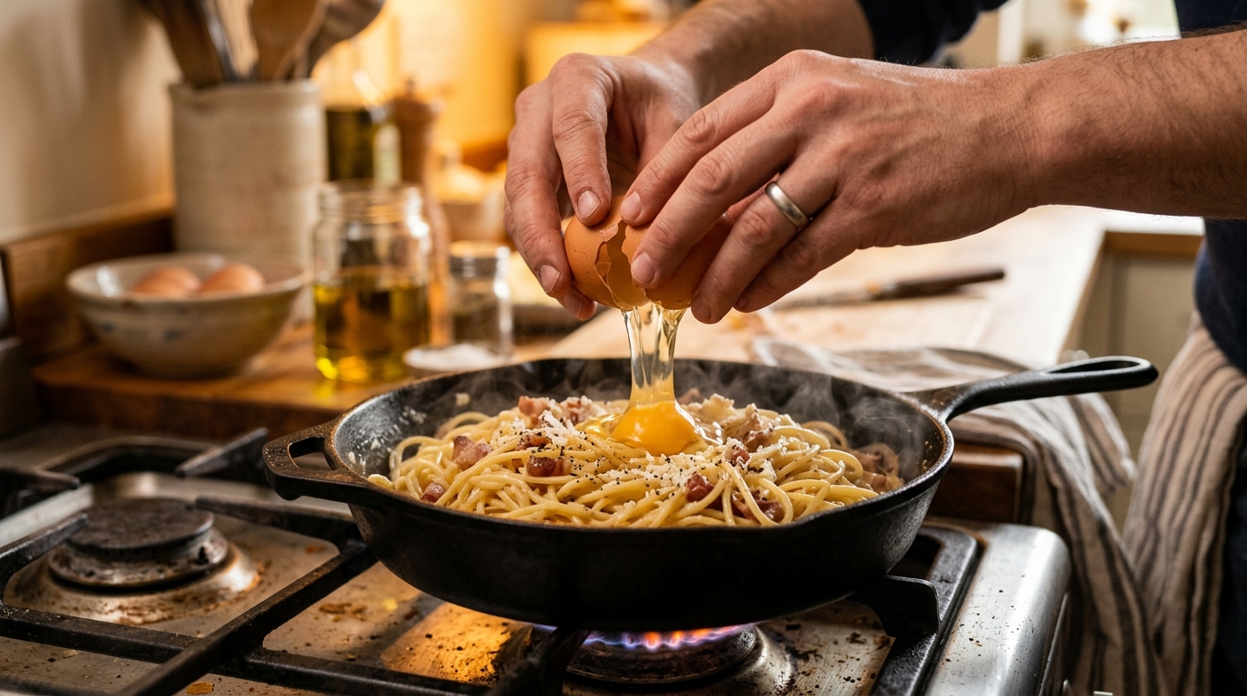 Œuf cassé dans une poêle de pâtes fumantes