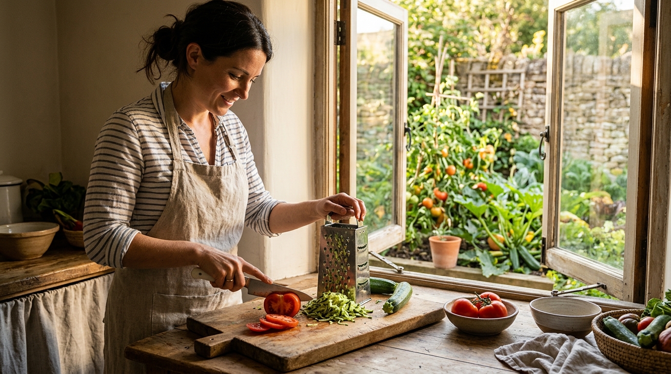 Courgettes râpées et tomates du jardin sur planche à découper