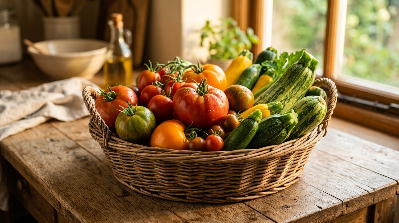 Panier de tomates et courgettes fraîches du potager