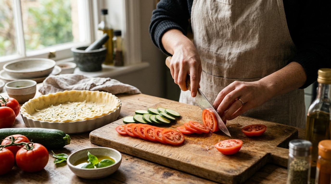 Découpe de tomates et courgettes pour la tarte