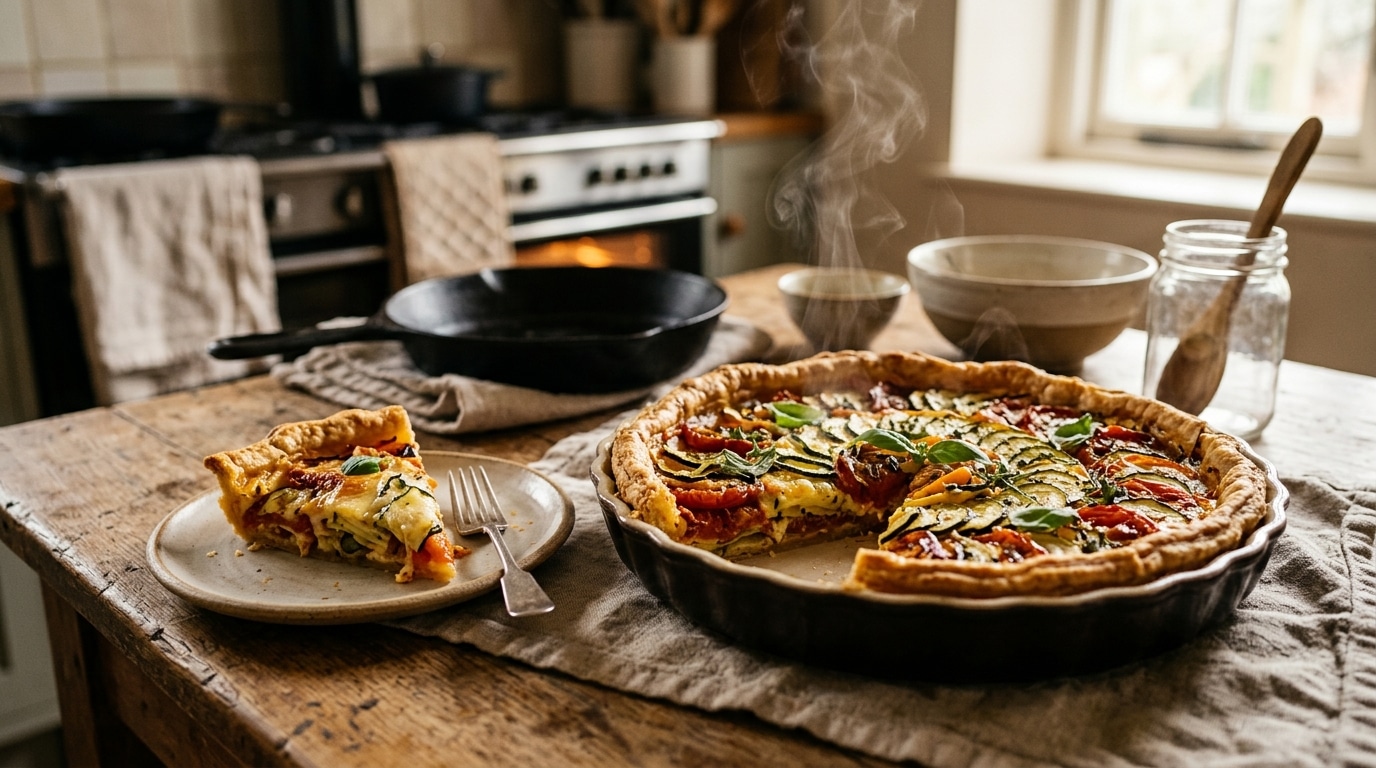 Tarte tomates-courgettes dorée sortant du four