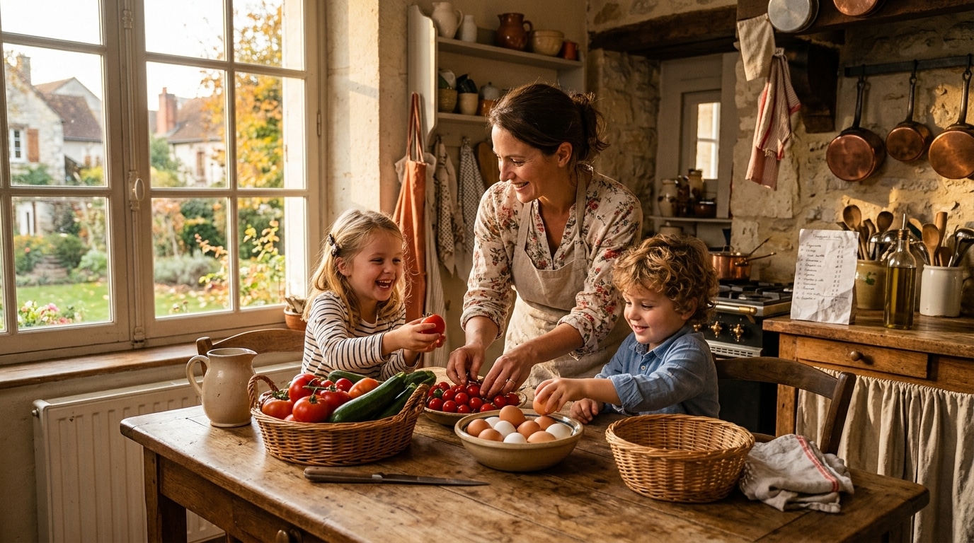 Famille préparant des légumes de saison en cuisine