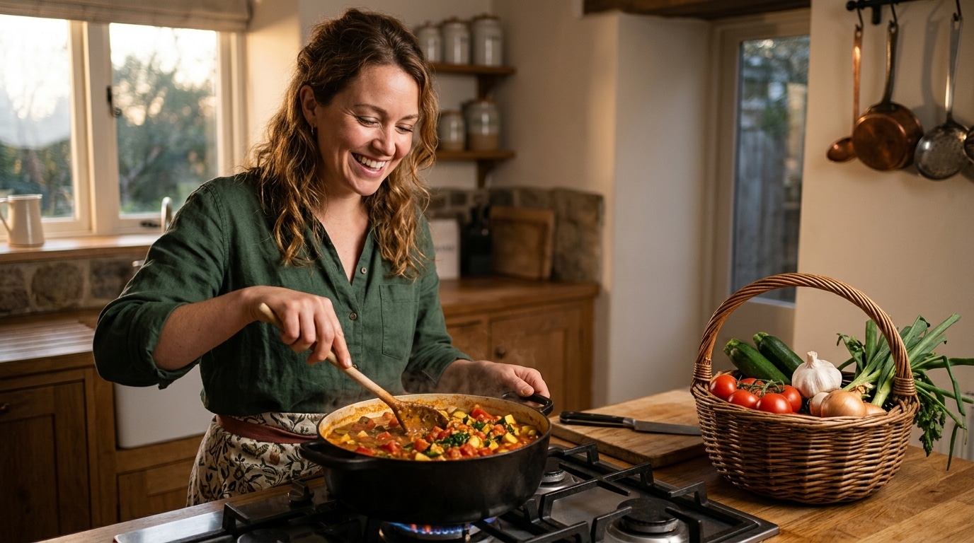 Femme cuisinant un curry de lentilles économique