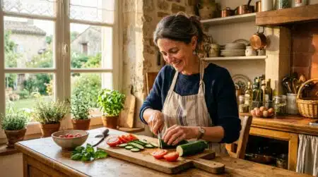 Femme tranchant courgettes et tomates fraîches en cuisine