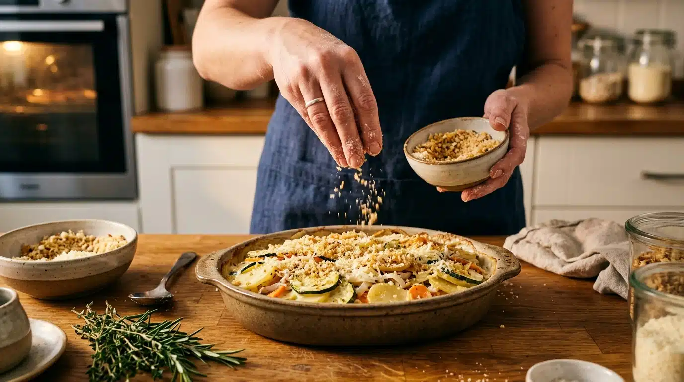 Chapelure et fromage râpé sur gratin avant cuisson