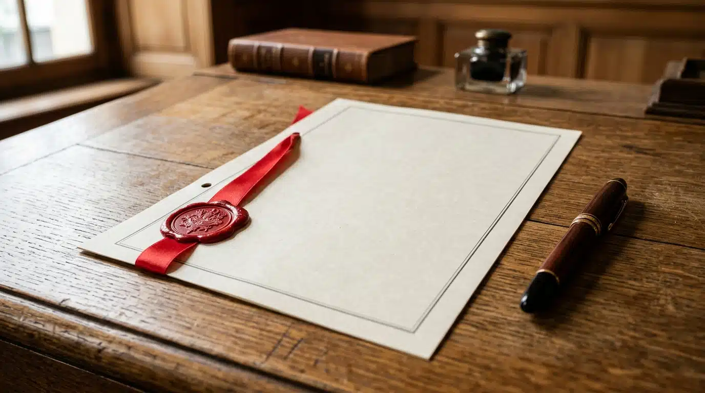 Document officiel scellé posé sur un bureau en bois