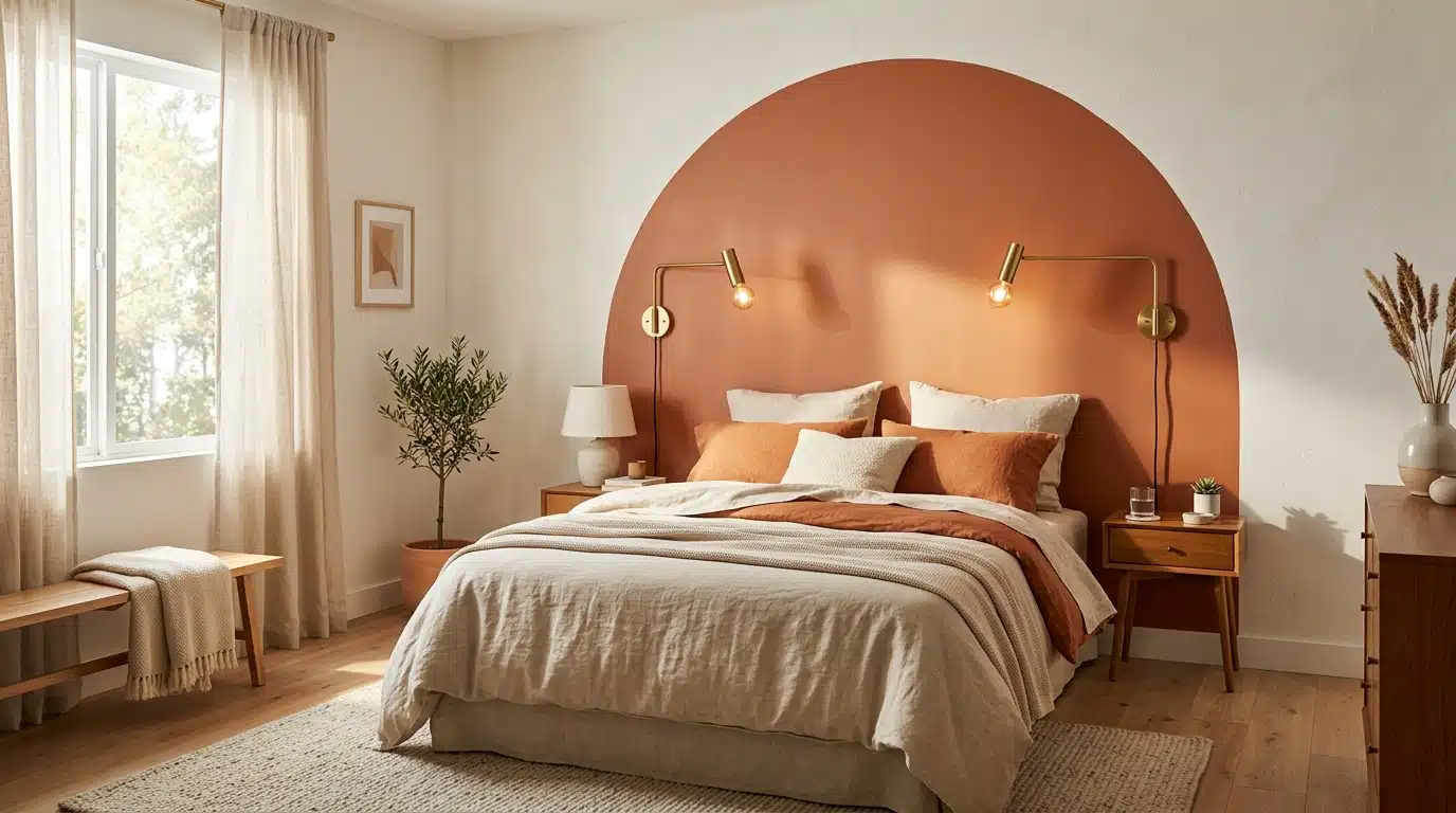 Arche peinte terracotta derrière un lit moderne