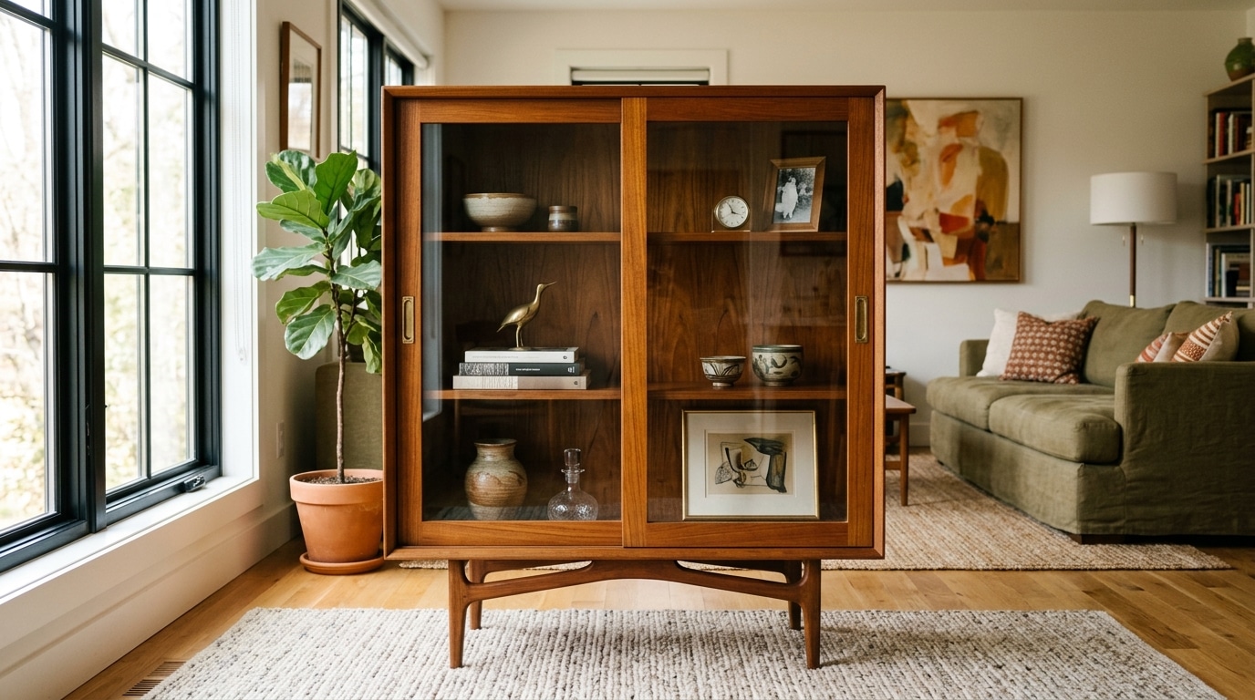 Vitrine vintage en bois et verre dans un salon lumineux