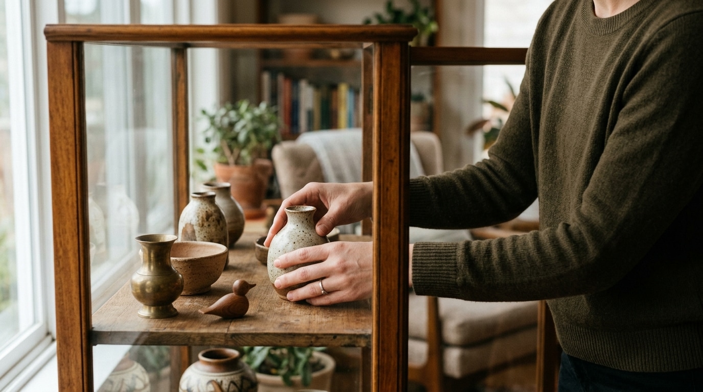 Mains arrangeant des objets dans une vitrine ancienne