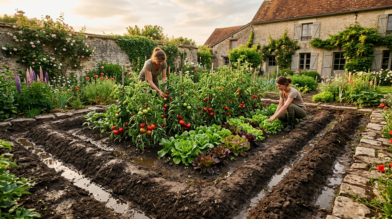Potager en cuvette creusé avec légumes verts
