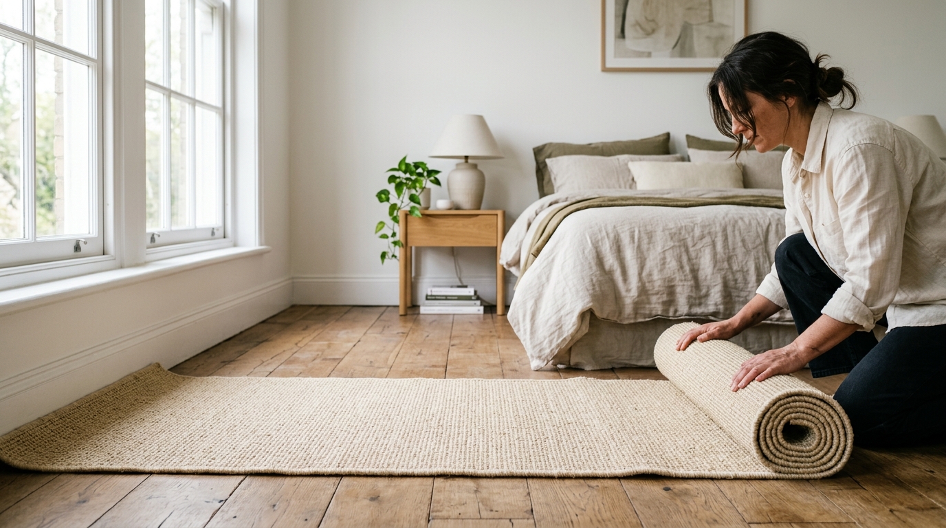 Rouleau de fibre sisal déroulé dans une chambre lumineuse