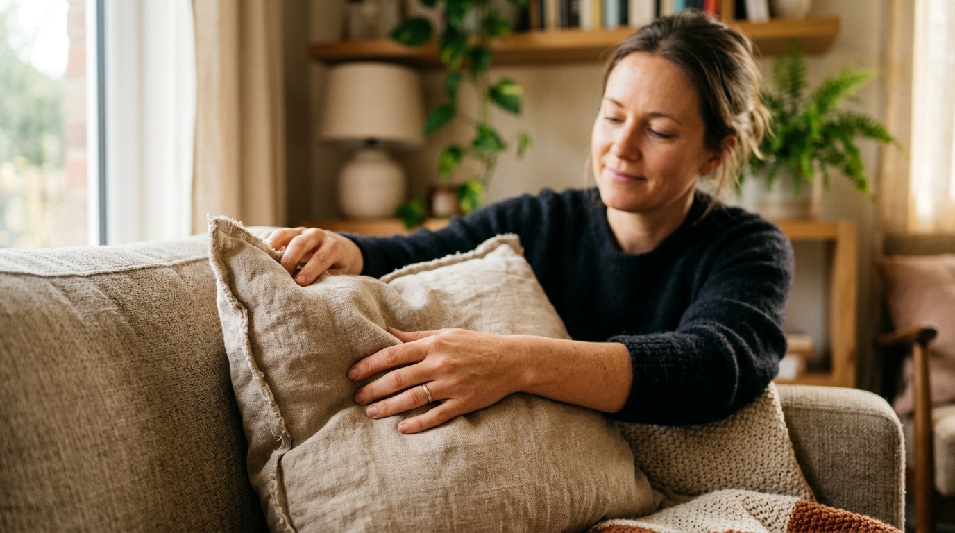 Mains arrangeant un coussin en lin sur canapé
