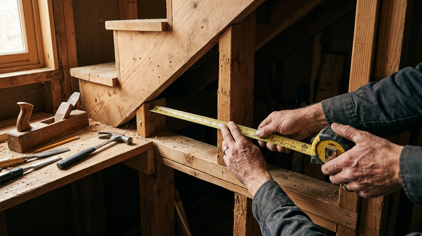 Mains mesurant la profondeur d'un placard sous escalier