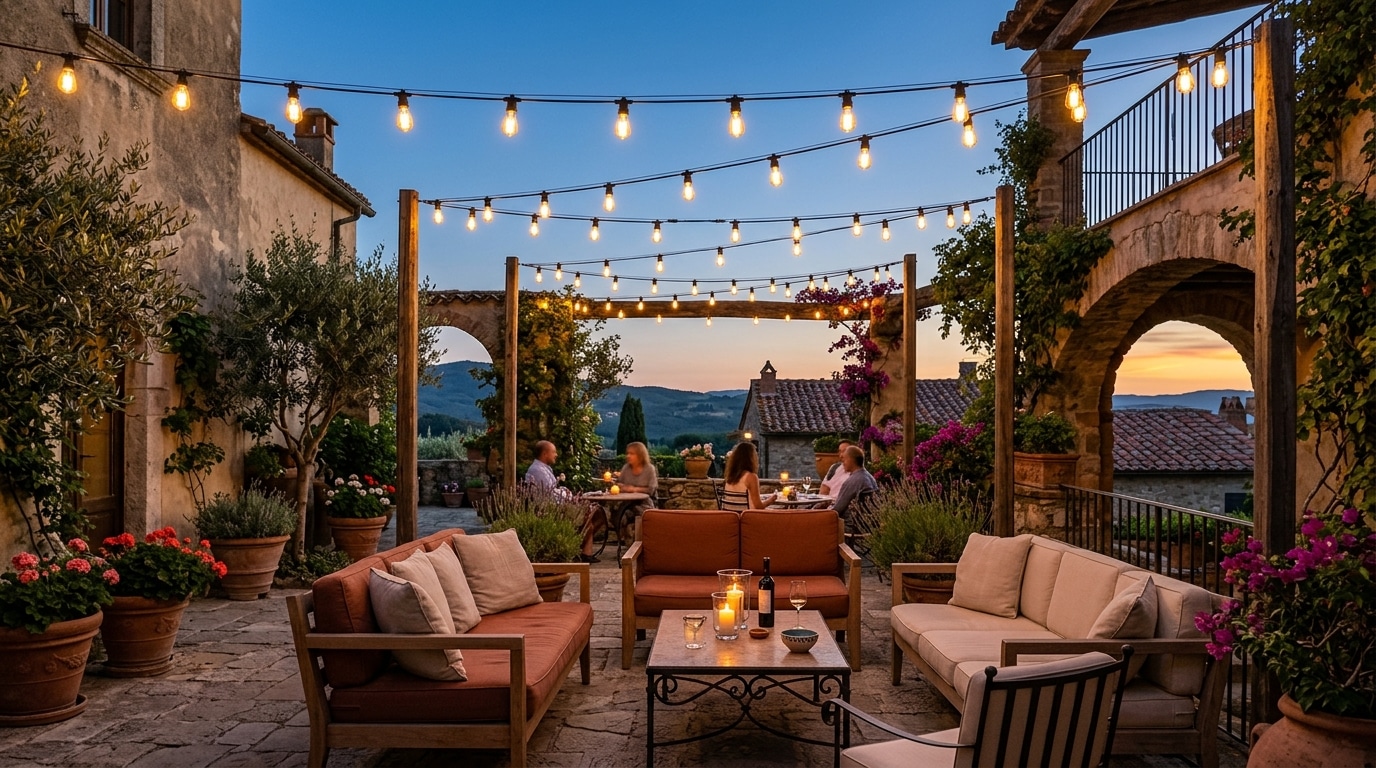 Guirlandes lumineuses tendues en lignes parallèles sur terrasse