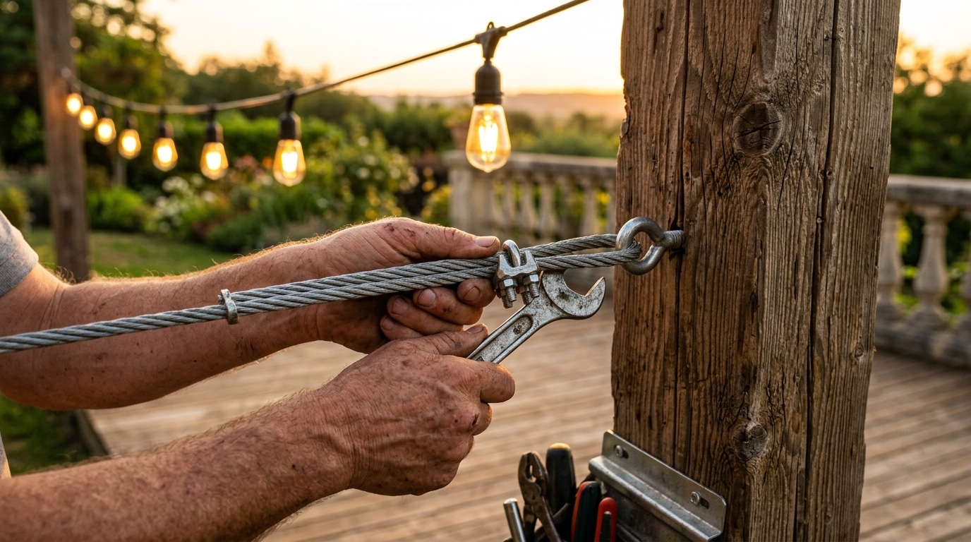 Mains fixant un câble tendeur pour guirlande extérieure