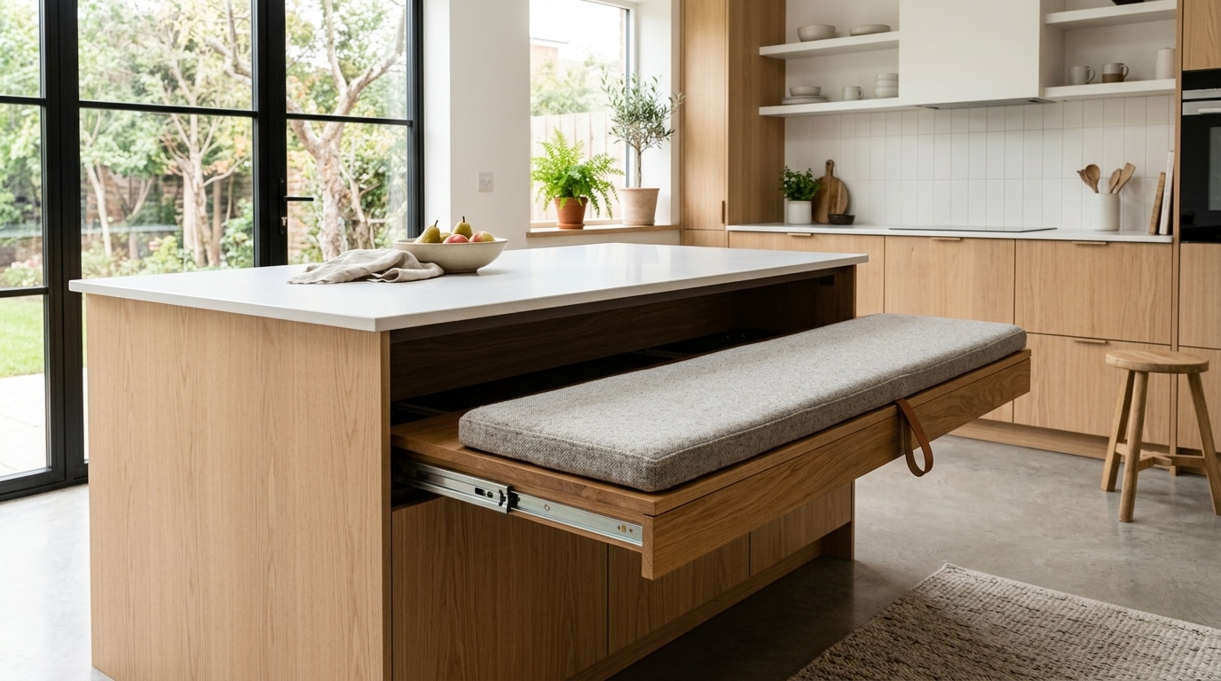 Banquette coulissante intégrée sous un îlot de cuisine