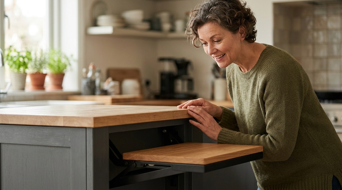 Femme souriante découvrant une assise escamotable de cuisine