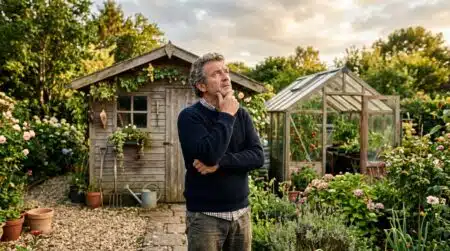 Propriétaire inquiet regardant son jardin et son abri
