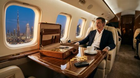 Mallette de luxe avec pièces d'or et clé crypto dans un jet privé