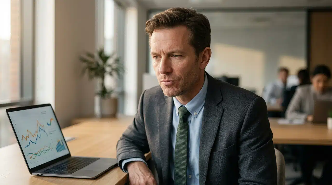 Homme d'affaires soucieux devant des graphiques financiers