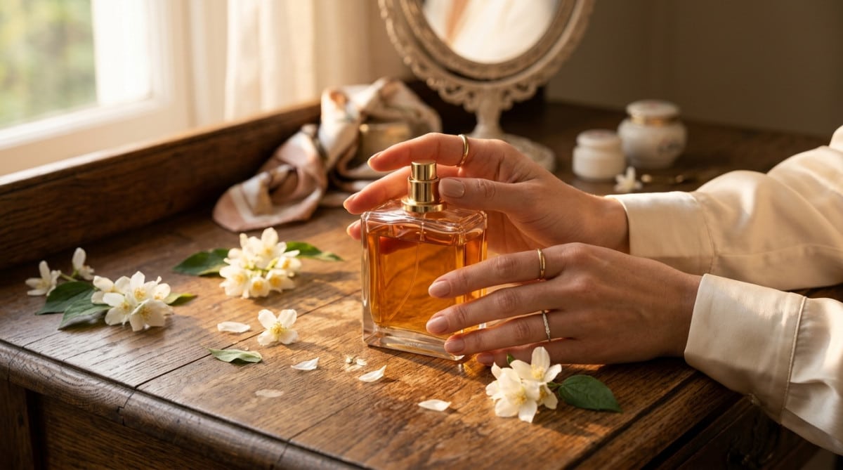 Flacon de parfum de luxe avec fleurs de jasmin