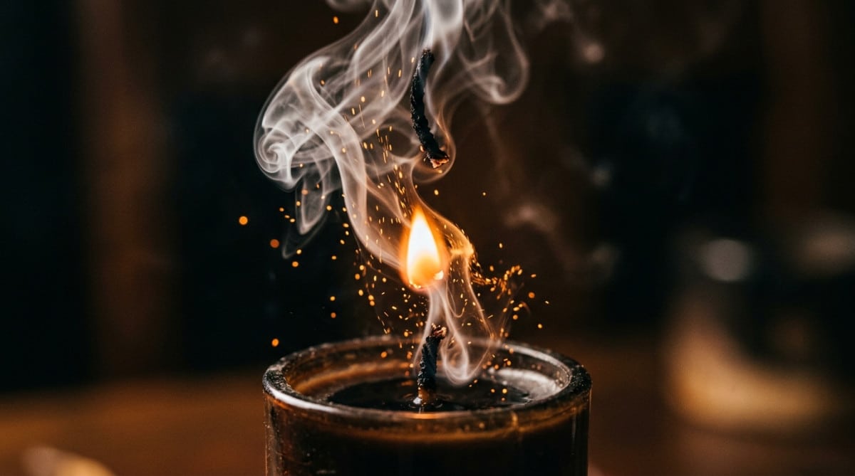 Flamme remontant le long de la fumée d'une bougie