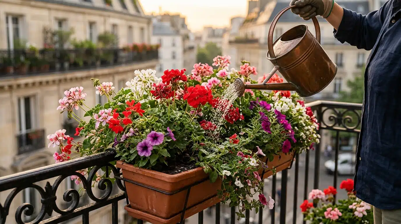 Arrosoir versant de l'engrais sur des fleurs de balcon