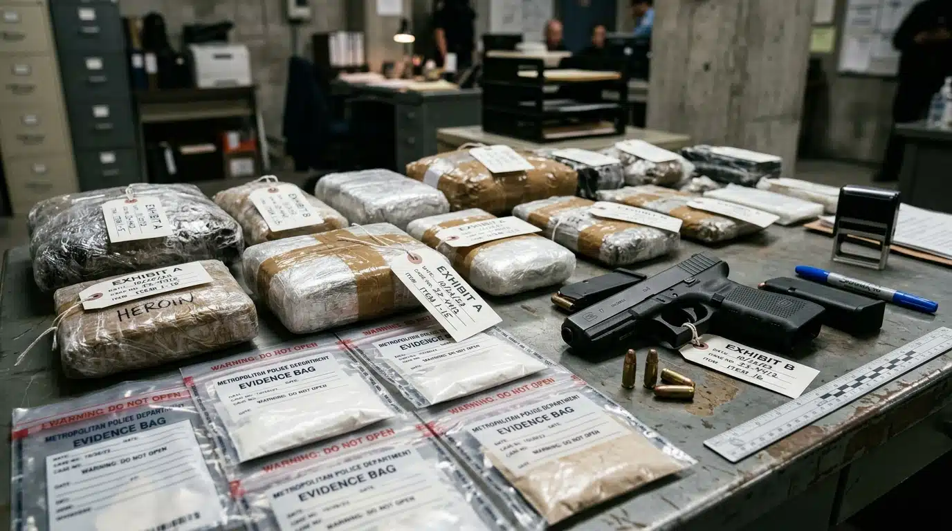 Drogue et arme saisies sur une table d'enquête