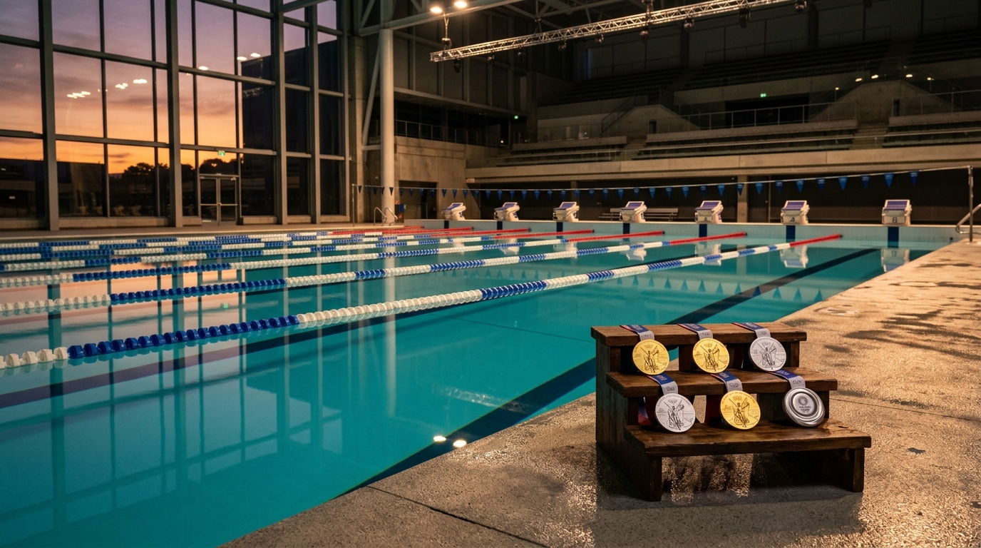 Médailles posées au bord d'une piscine vide