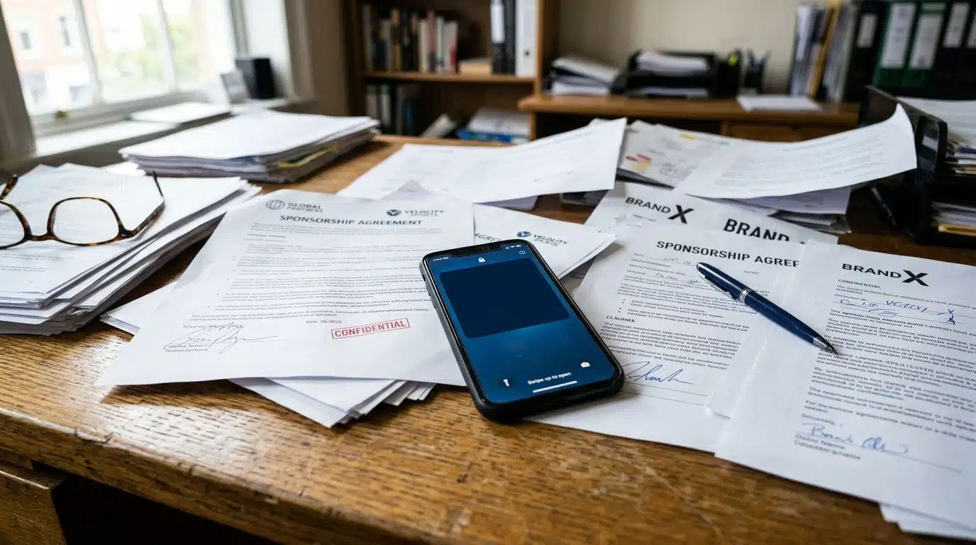 Contrats de sponsoring éparpillés sur un bureau