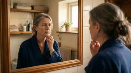 Personne se regardant dans un miroir avec inquiétude