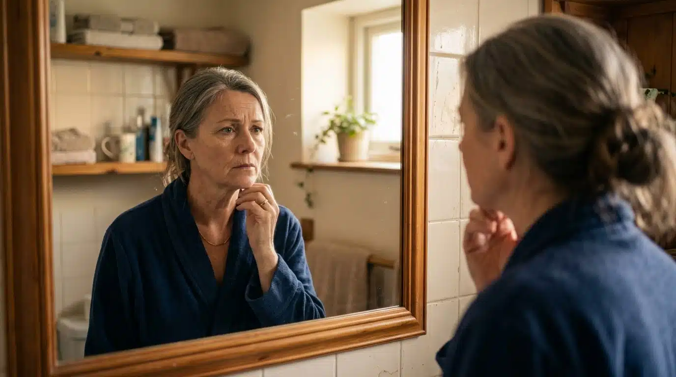 Personne se regardant dans un miroir avec inquiétude