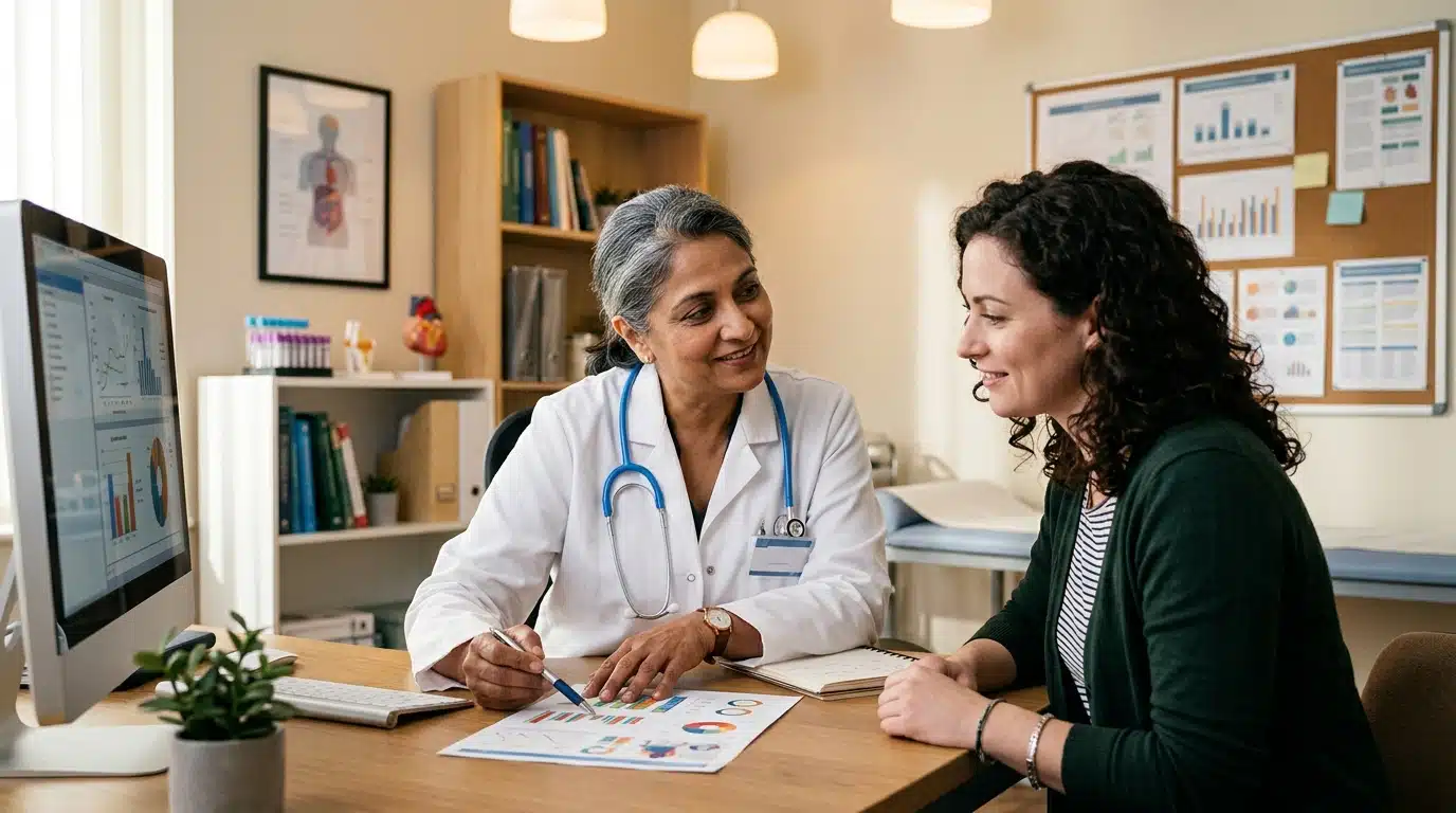Médecin expliquant un bilan hépatique à un patient