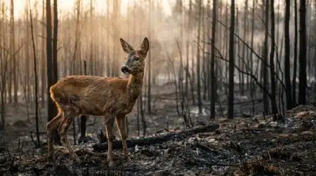 Chevreuil blessé au bord d'une forêt calcinée