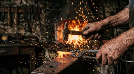 Forgeron façonnant une clé ancienne au feu