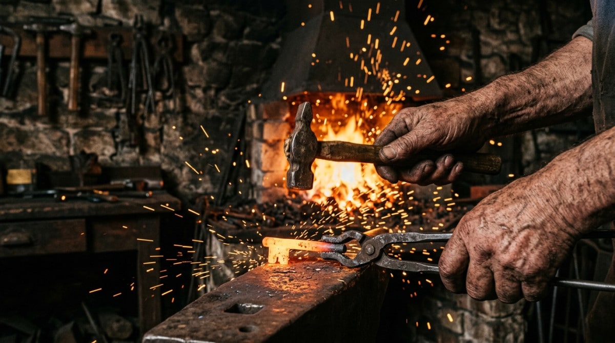 Forgeron façonnant une clé ancienne au feu