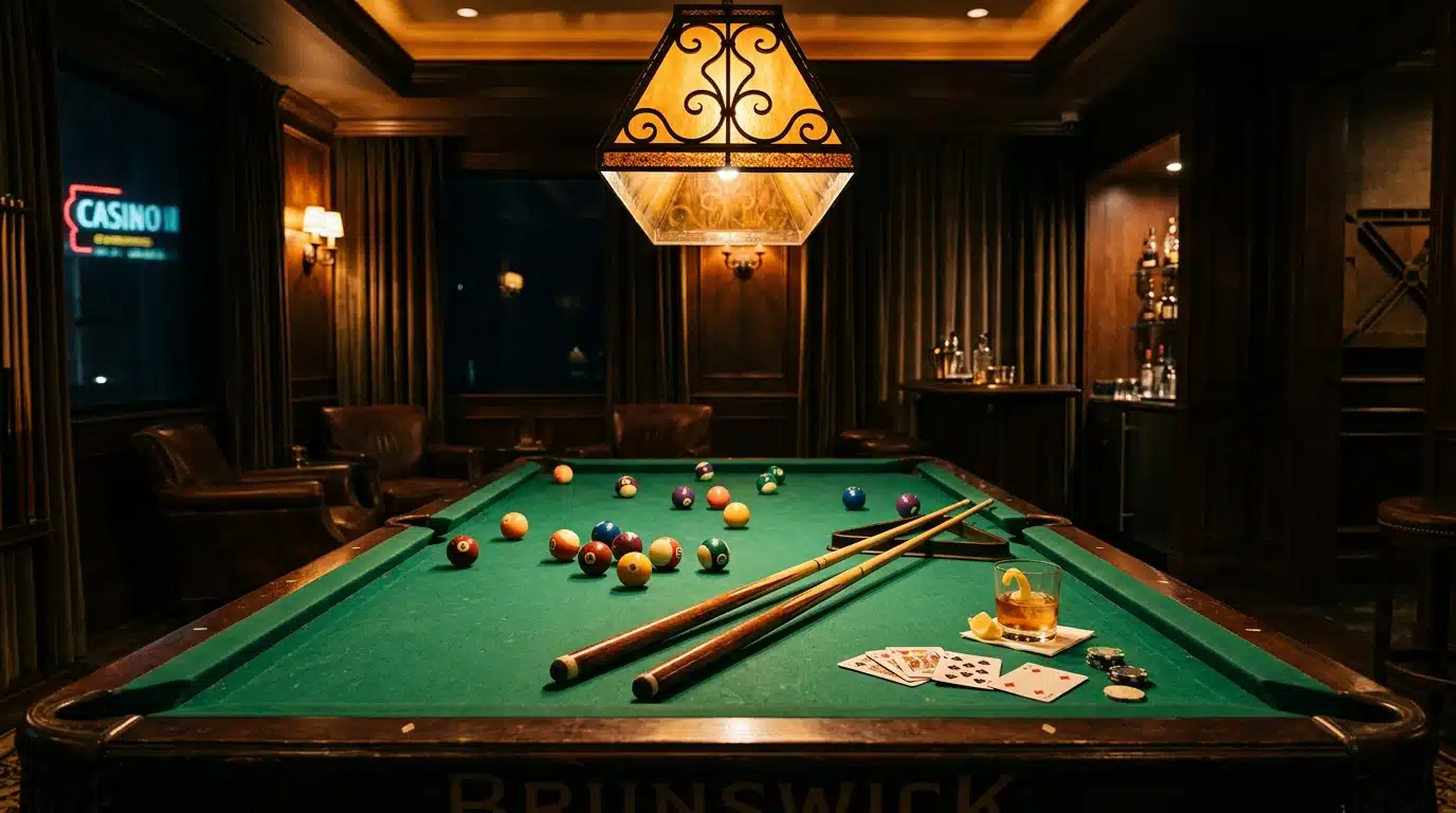 Table de billard dans un club privé ambiance nocturne dorée