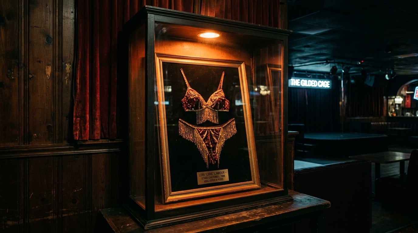 Vitrine de collection dans un club de strip-tease, éclairage tamisé
