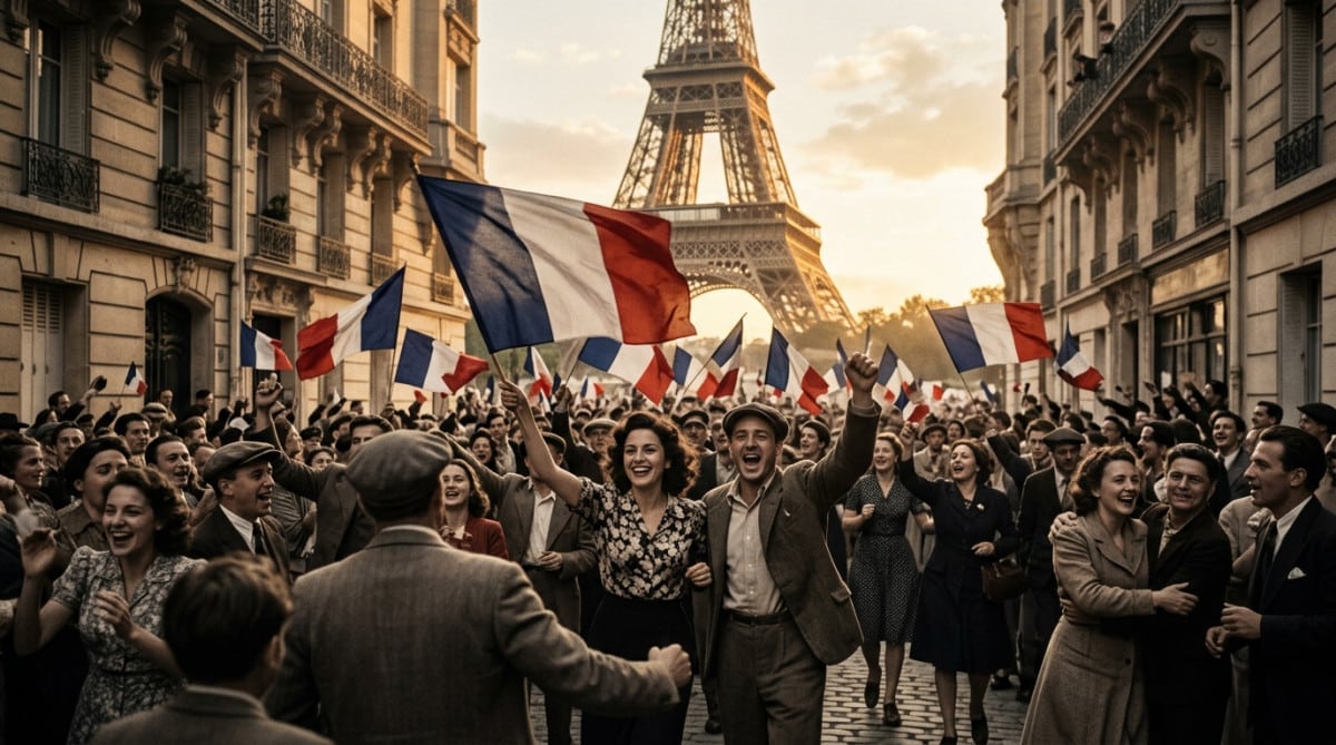 Foule en liesse célébrant la Libération de Paris en 1944