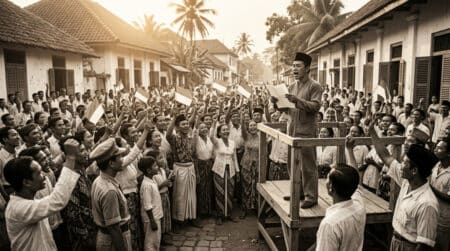 Foule indonésienne célébrant l'indépendance en 1945