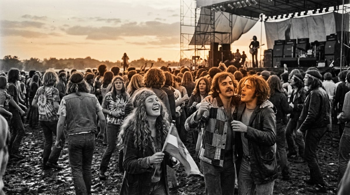 Foule joyeuse au festival Woodstock en 1969