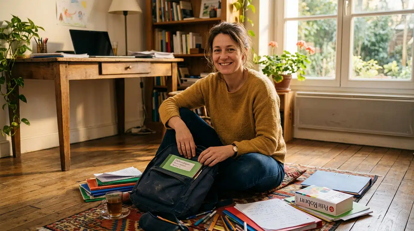 Mère de famille triant les fournitures scolaires au sol