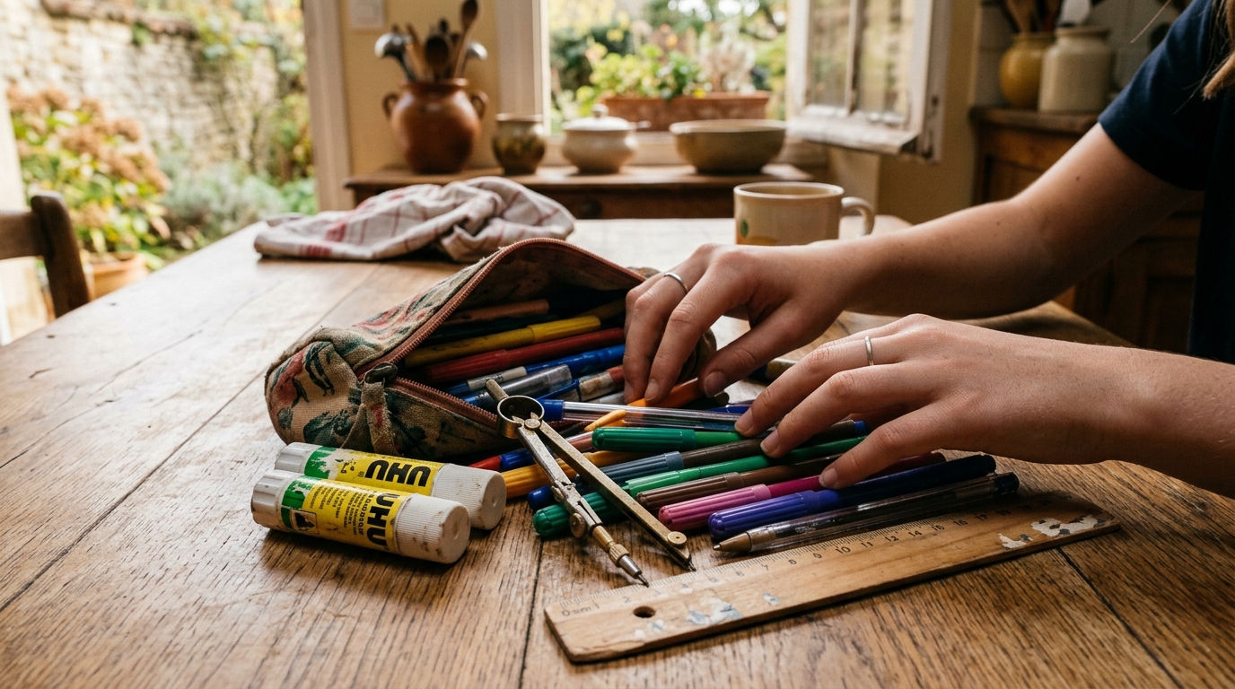 Trousse ouverte avec colle et compas usagés